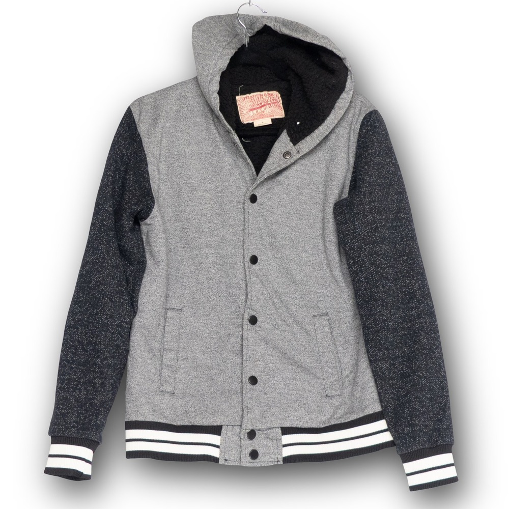 Brooklyn Cloth Varsity Jacket Mens S Grey Black Excellent Sherpa Hooded Snap